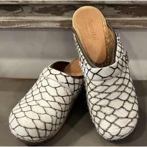 EUC Sanita Caroline Danish Clogs Snake Print Hair Fur White Brown Sz 38 US 7/7.5